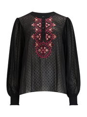 Pour Moi Black Embroidered Natasha Dobby Chiffon Long Sleeve Top - Image 3 of 4