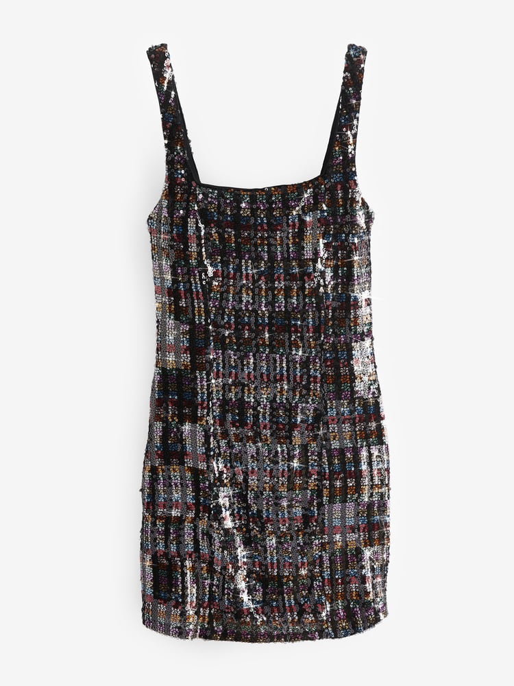 Black Multicolour Square Neck Sequin Mini Dress - Image 6 of 6