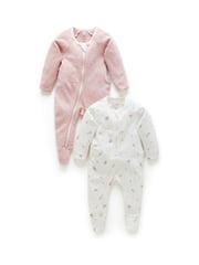 Purebaby Pink 100% Cotton Zip Baby Sleepsuits 2 Pack - Image 1 of 9