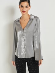 Silver Metallic V-Neck Long Sleeve Blouse - Image 1 of 7
