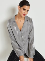 Silver Metallic V-Neck Long Sleeve Blouse - Image 3 of 7