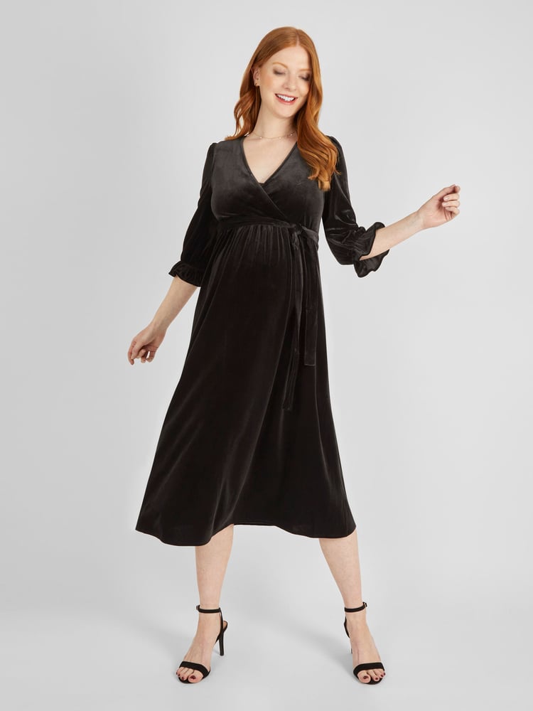 JoJo Maman Bébé Black Velvet Wrap Maternity & Nursing Dress - Image 2 of 5