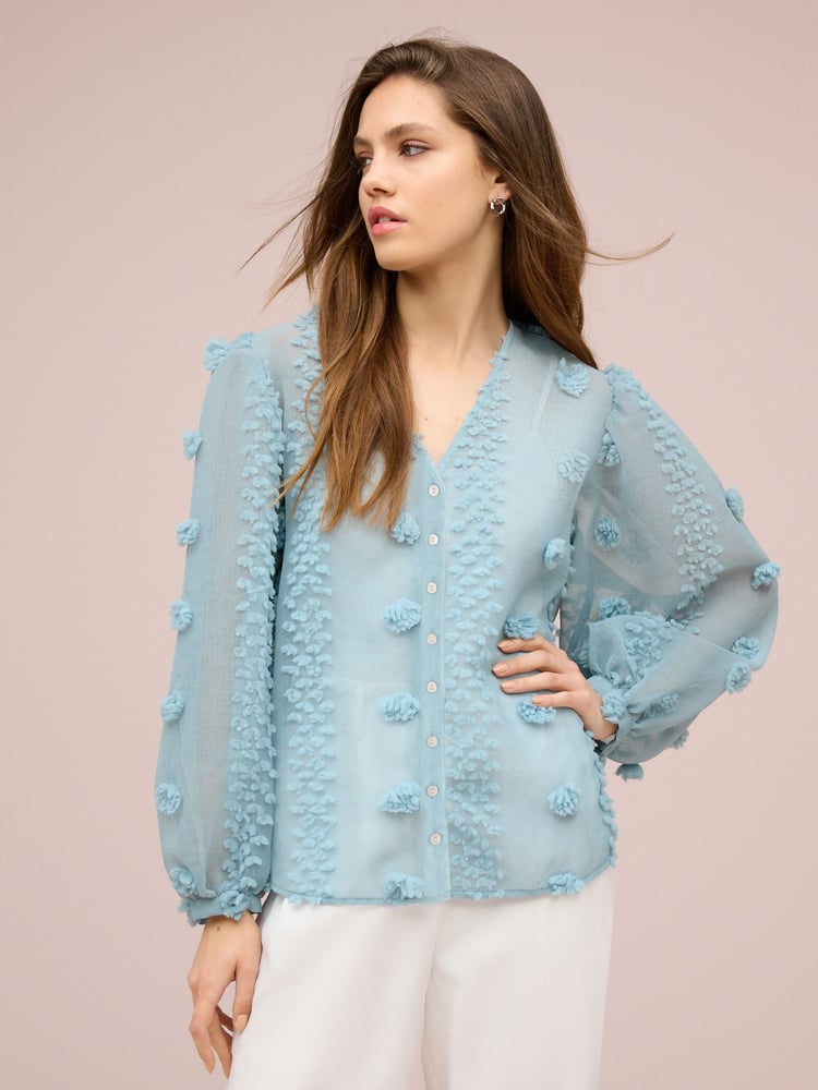 Blue Sheer V-Neck 3D Tufty Puff Sleeve Blouse - Image 1 of 6