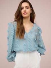 Blue Sheer V-Neck 3D Tufty Puff Sleeve Blouse - Image 2 of 6