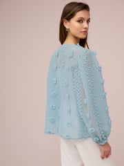 Blue Sheer V-Neck 3D Tufty Puff Sleeve Blouse - Image 3 of 6