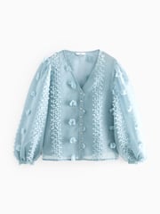 Blue Sheer V-Neck 3D Tufty Puff Sleeve Blouse - Image 5 of 6