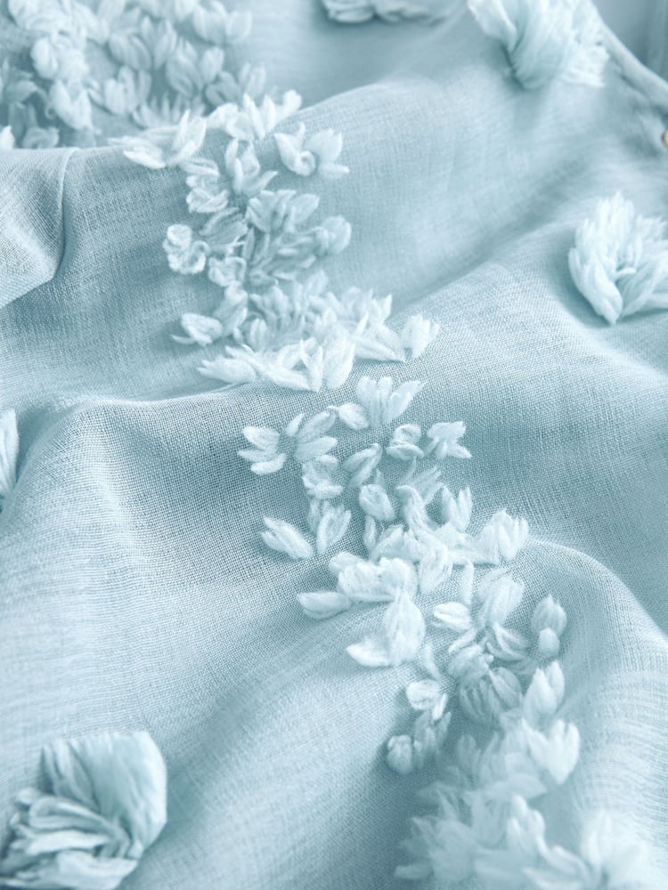 Blue Sheer V-Neck 3D Tufty Puff Sleeve Blouse - Image 6 of 6