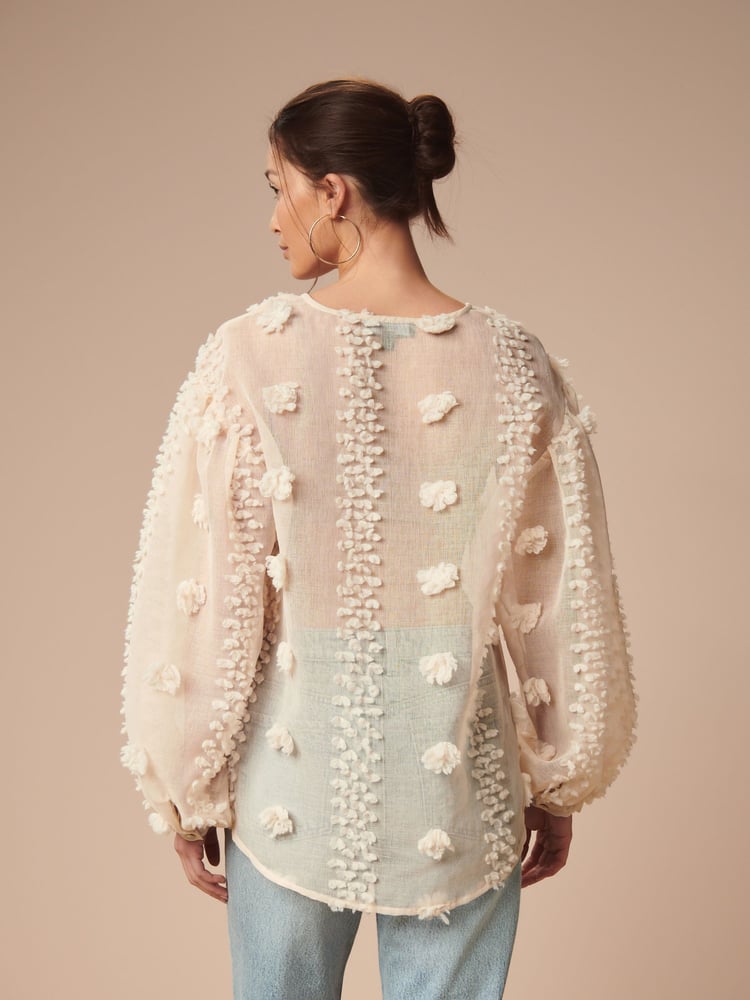 Cream Sheer V-Neck 3D Tufty Puff Sleeve Blouse - Image 2 of 7