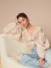 Cream Sheer V-Neck 3D Tufty Puff Sleeve Blouse - Image 4 of 7