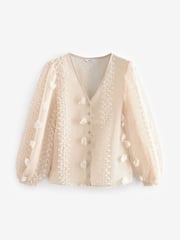 Cream Sheer V-Neck 3D Tufty Puff Sleeve Blouse - Image 6 of 7