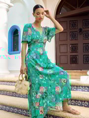 V&A | Love & Roses Green Printed Hanky Hem Dress - Image 4 of 4