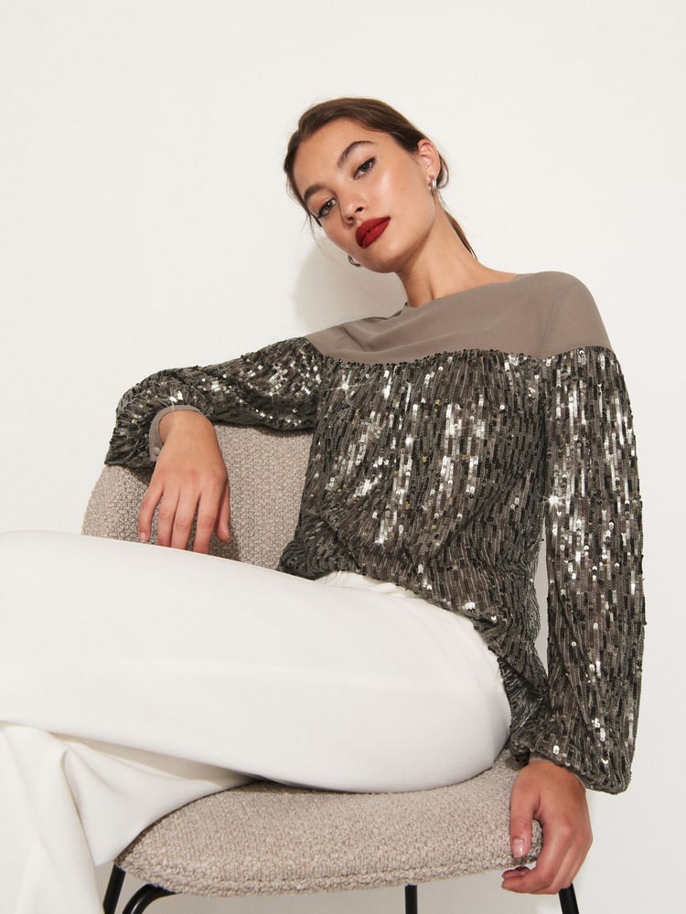 Gold Long Sleeve Sequin Sparkle Top - Image 1 of 6