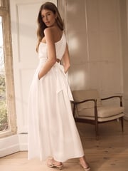 White Premium One Shoulder Midi Dress With Linen - Image 3 of 6