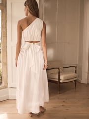 White Premium One Shoulder Midi Dress With Linen - Image 4 of 6