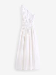 White Premium One Shoulder Midi Dress With Linen - Image 5 of 6