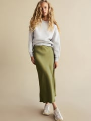 Khaki Green Satin Midi Skirt - Image 1 of 8