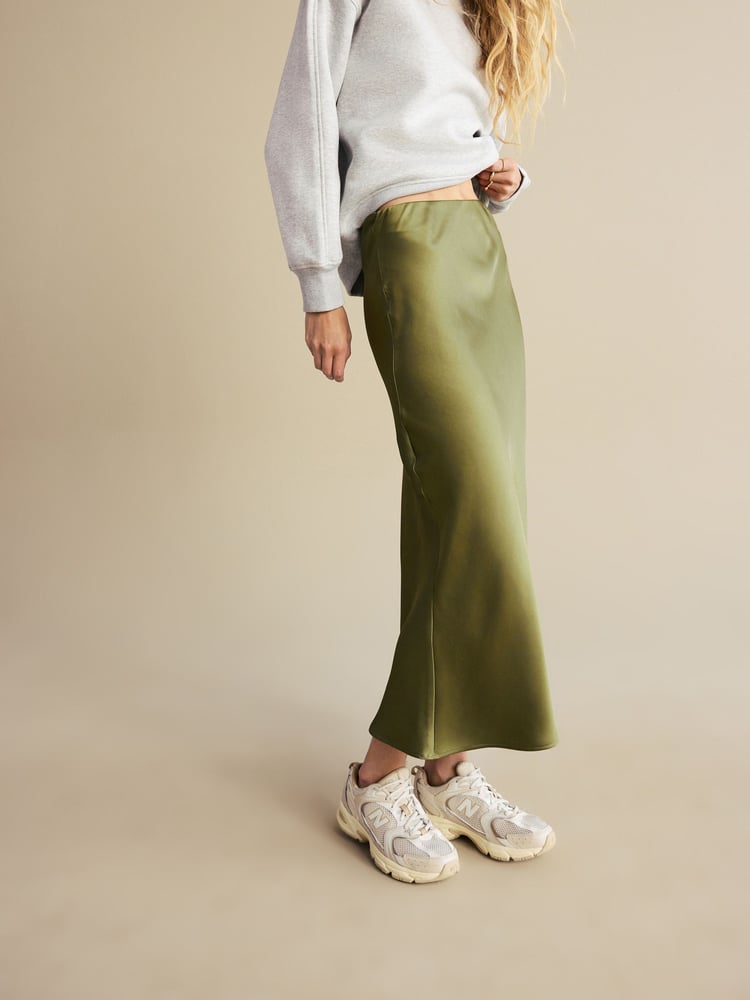 Khaki Green Satin Midi Skirt - Image 2 of 8