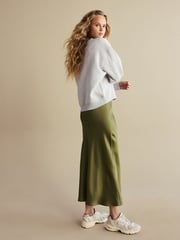 Khaki Green Satin Midi Skirt - Image 3 of 8