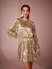 Gold Mini Jaquard Ruffle Dress - Image 1 of 6