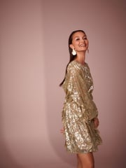 Gold Mini Jaquard Ruffle Dress - Image 3 of 6