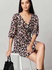 Animal Print Waisted Short Sleeve Mini Dress - Image 1 of 6