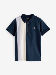 Navy/Stone Natural Short Sleeve Zip Neck Polo Shirt (3-16yrs) - Image 1 of 3