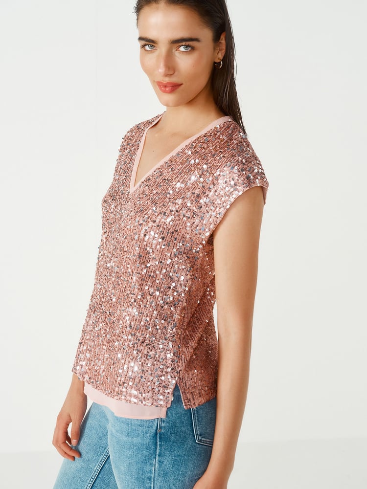 Pink Sequin V-Neck Top - Image 1 of 5