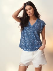 Blue Sequin V-Neck Top - Image 1 of 6