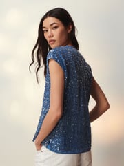Blue Sequin V-Neck Top - Image 2 of 6