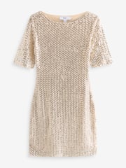 Cream Short Sleeve Sequin Dress - Image 6 of 7