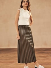 Tan Brown PU Pleated Midi Skirt - Image 1 of 7