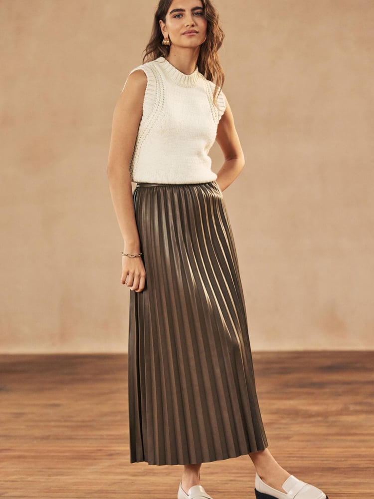 Tan Brown PU Pleated Midi Skirt - Image 1 of 7