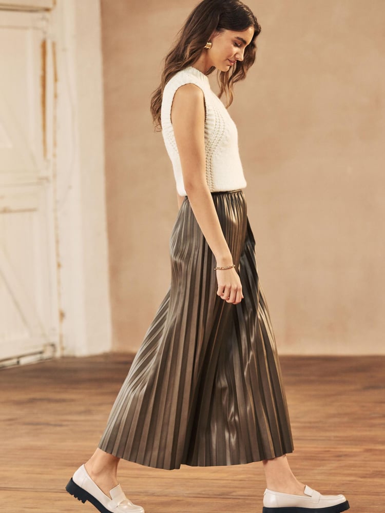 Tan Brown PU Pleated Midi Skirt - Image 2 of 7