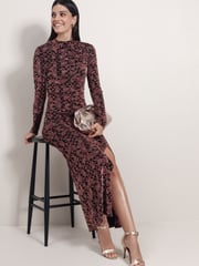 Pink Geo Sparkle Long Sleeved Ruched Midi Dress - Image 1 of 5
