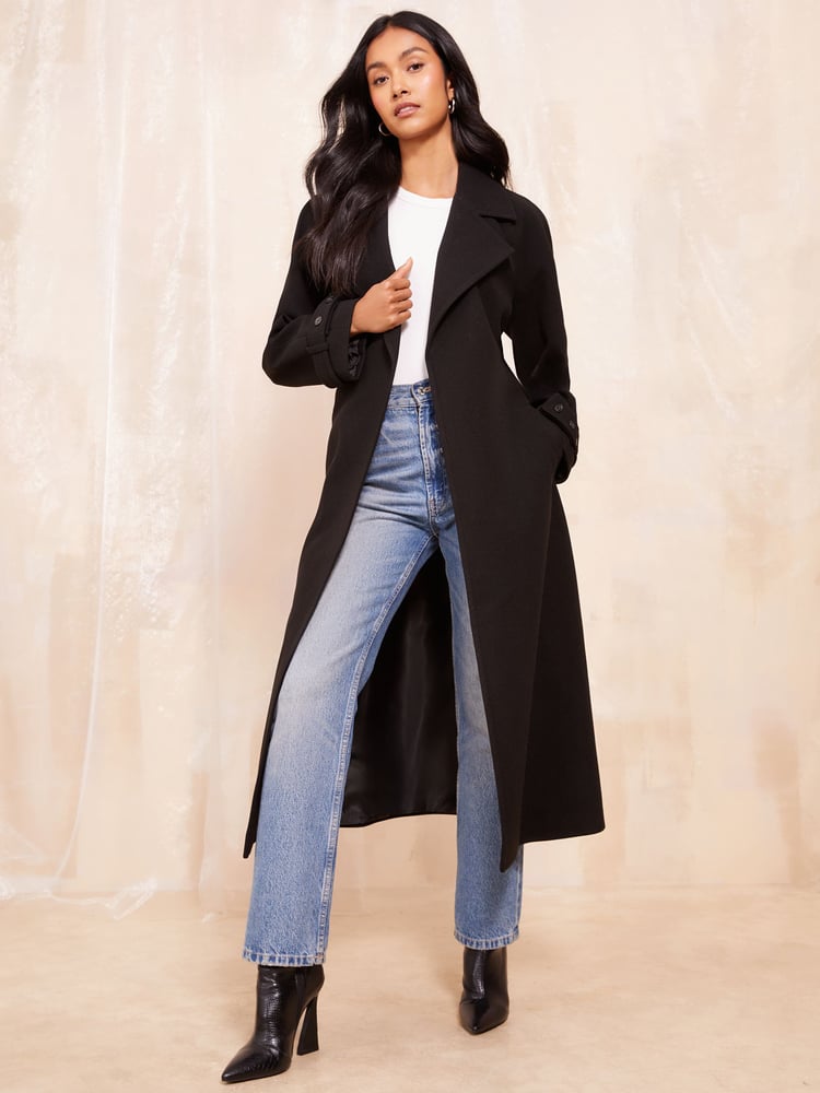 Friends Like These Black Belted Wrap Coat - Image 1 of 4 Friends Like These Black Belted Wrap Coat - Image 1 of 4