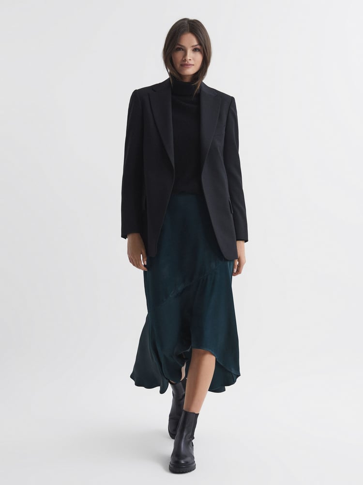 Reiss Teal Inga Satin High Rise Midi Skirt - Image 1 of 6