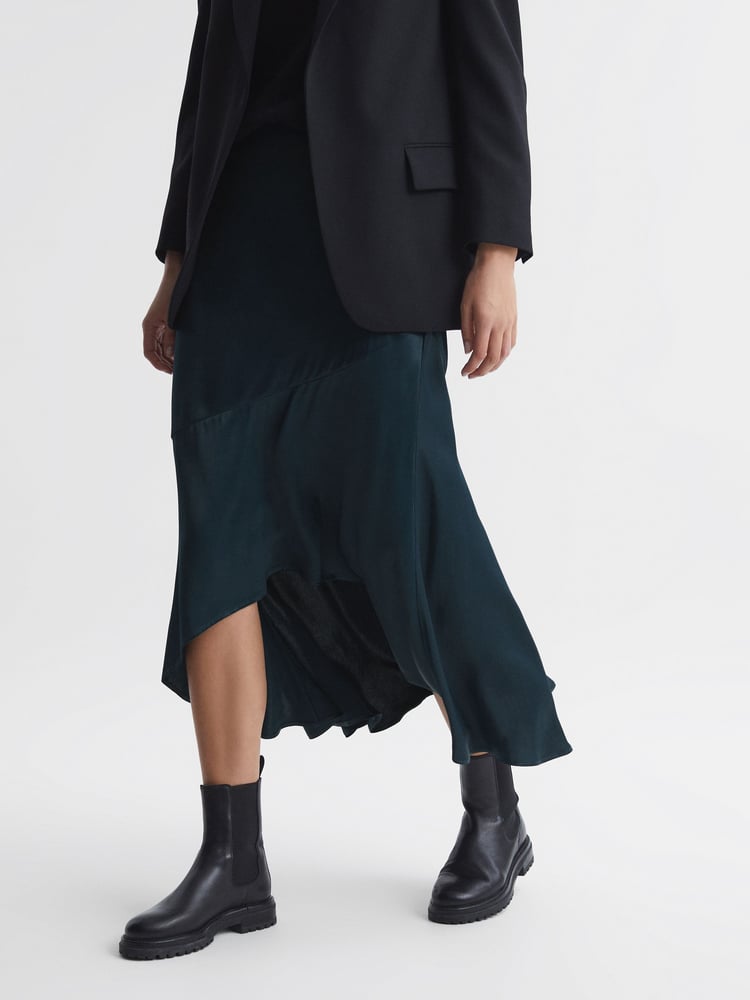Reiss Teal Inga Satin High Rise Midi Skirt - Image 6 of 6