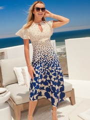 Lipsy Polka Dot Ruched Front Keyhole Cut Out Asymmetrical Midi Dress - Image 1 of 4