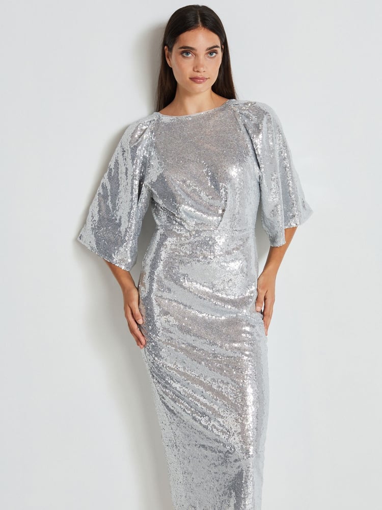 Silver Sequin Batwing Midi Dress - Image 1 of 9