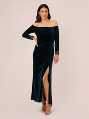 Adrianna Papell Green Velvet Off The Shoulder Gown - Image 1 of 7