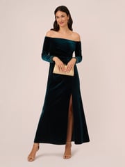 Adrianna Papell Green Velvet Off The Shoulder Gown - Image 3 of 7