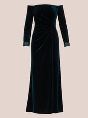 Adrianna Papell Green Velvet Off The Shoulder Gown - Image 6 of 7