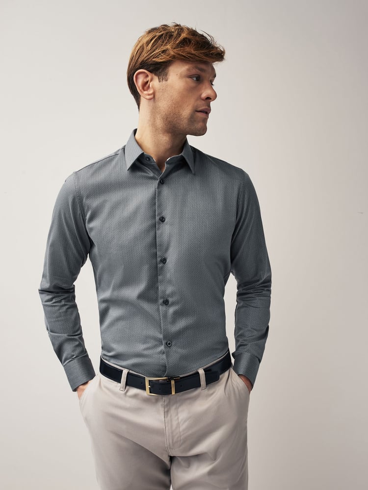 Charcoal Grey Slim Fit Textured Long Sleeve Single Cuff 100% Cotton Shirt' - Image 1 of 7