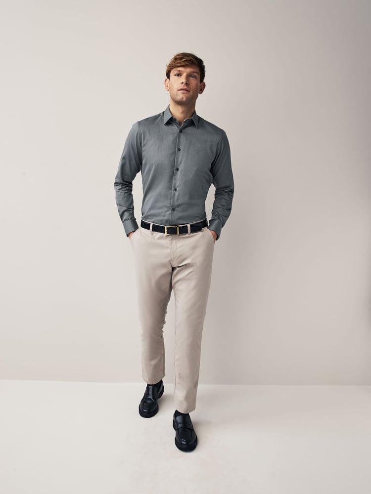 Charcoal Grey Slim Fit Textured Long Sleeve Single Cuff 100% Cotton Shirt' - Image 2 of 7