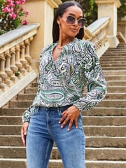 Sosandar Cream Satin Draped Mock Wrap Top - Image 1 of 5