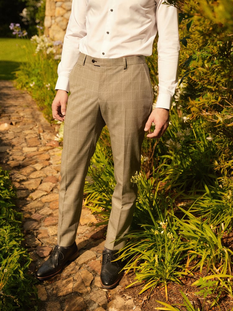 Taupe Brown Slim Fit Trimmed Check Suit Trousers - Image 1 of 5
