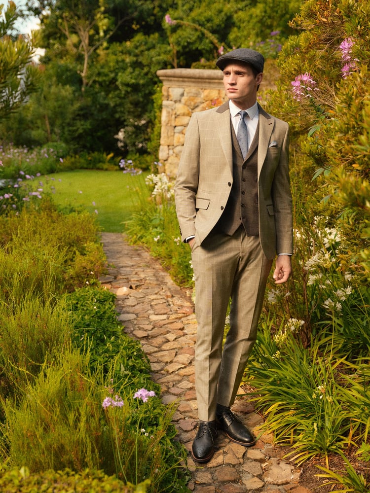 Taupe Brown Slim Fit Trimmed Check Suit Trousers - Image 2 of 5