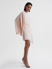 Reiss Nude Christy Cape Sleeve Asymmetric Mini Dress - Image 1 of 4