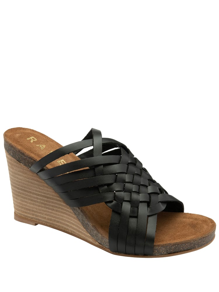 Ravel Black Leather Wedge Strappy Mule Sandals - Image 1 of 4 Ravel Black Leather Wedge Strappy Mule Sandals - Image 1 of 4
