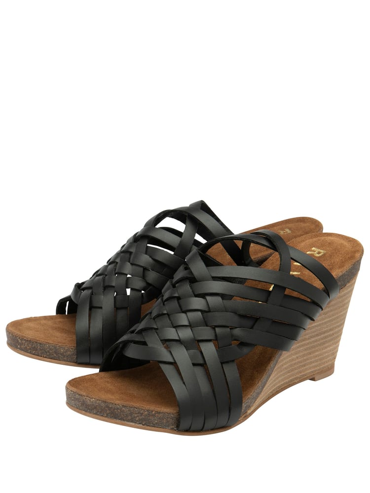 Ravel Black Leather Wedge Strappy Mule Sandals - Image 2 of 4 Ravel Black Leather Wedge Strappy Mule Sandals - Image 2 of 4